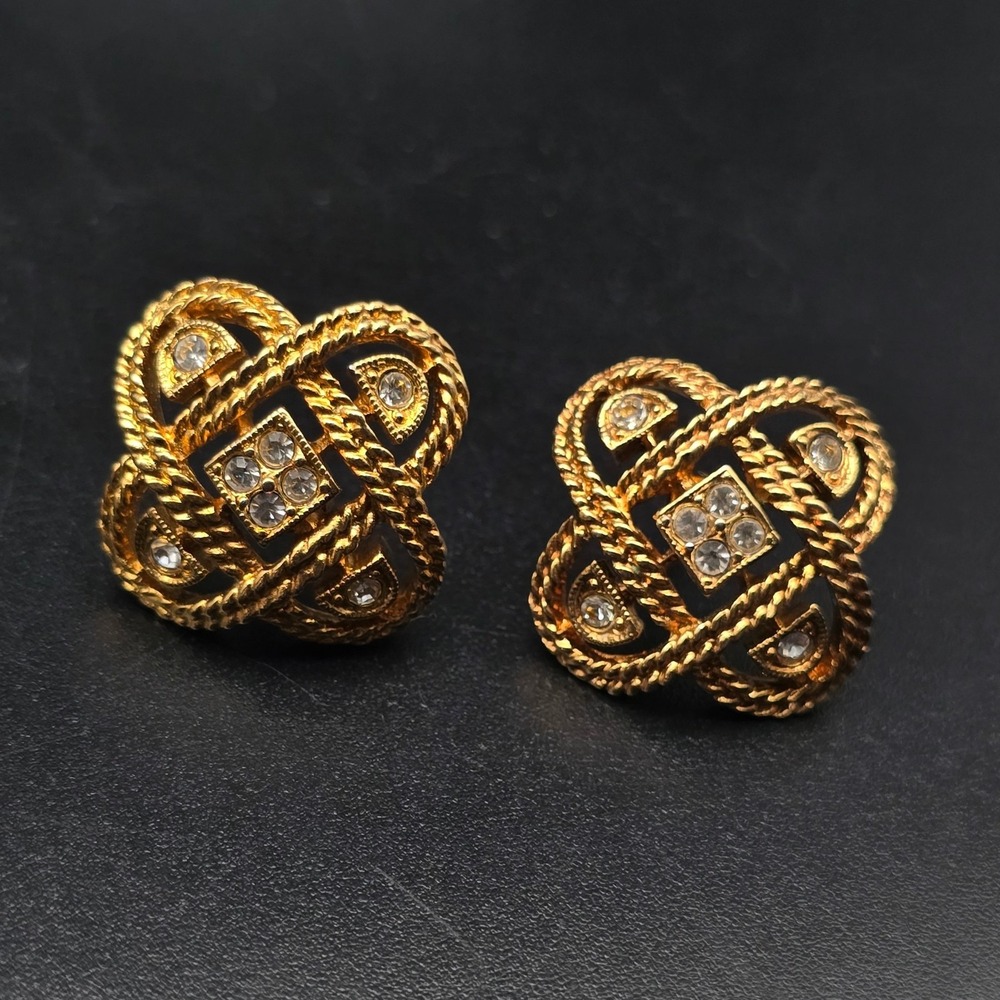 Avon 1992 Golden Brilliance Earrings Rhinestone Knot Gold Tone Pierced